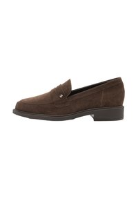 Brown suede loafer with a rounded toe, decorative leather strap, and a small metal accent. Finished with a low, textured rubber sole.