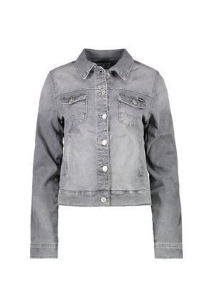 Grijze denimjasje met een kraag, sluiting met knopen aan de voorkant en twee borstzakken. Heeft een licht verouderde textuur en een cropped ontwerp.