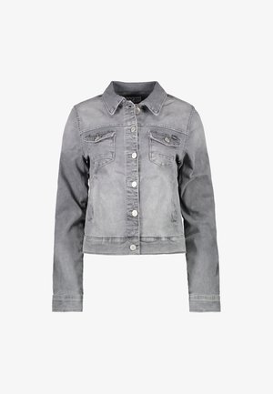 Grijze denimjasje met een kraag, sluiting met knopen aan de voorkant en twee borstzakken. Heeft een licht verouderde textuur en een cropped ontwerp.