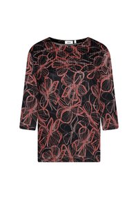 Schwarzes Oberteil mit langen Ärmeln, das ein rotes Blumenmuster aufweist. Der Stoff hat ein strukturiertes Aussehen, mit einem runden Halsausschnitt und lockerer Passform.