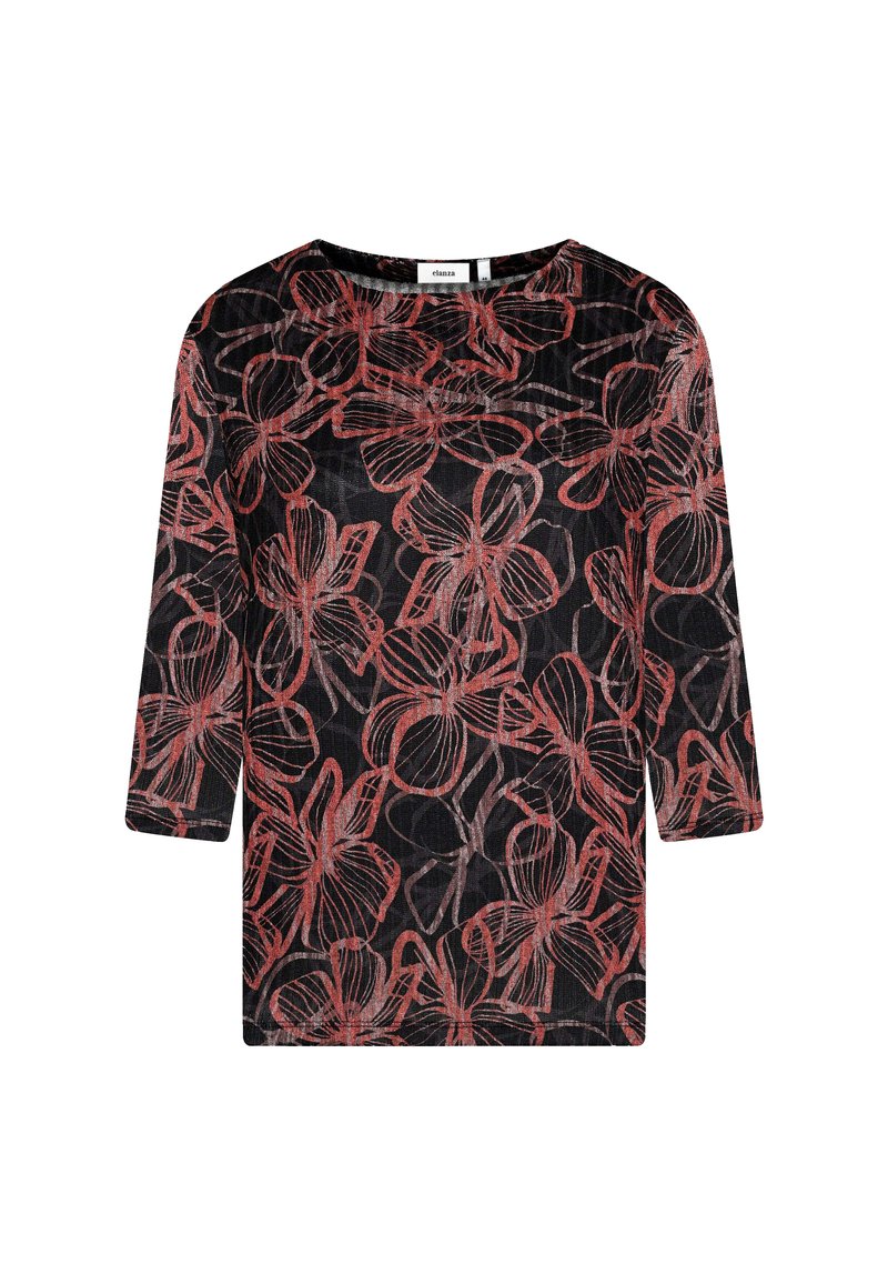 Schwarzes Oberteil mit langen Ärmeln, das ein rotes Blumenmuster aufweist. Der Stoff hat ein strukturiertes Aussehen, mit einem runden Halsausschnitt und lockerer Passform.