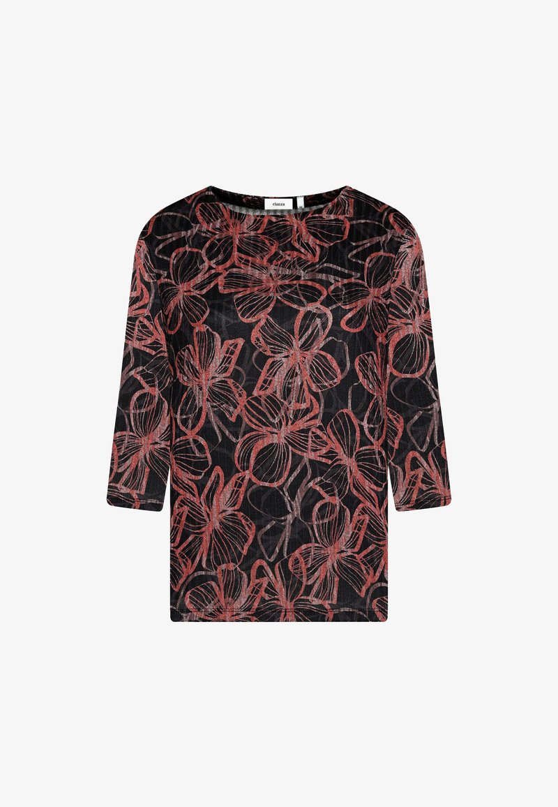 Schwarzes Oberteil mit langen Ärmeln, das ein rotes Blumenmuster aufweist. Der Stoff hat ein strukturiertes Aussehen, mit einem runden Halsausschnitt und lockerer Passform.