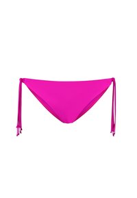 Parte inferior de bikini rosa con lazos a cada lado, hecha de material suave. Forma clásica con un diseño ligeramente curvado y sin patrones visibles.