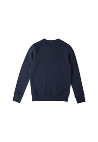 Felpa blu navy, realizzata in morbido cotone. Presenta un collo rotondo, maniche lunghe e polsini e fondo a costine. Texture liscia, design minimale.