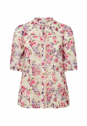 Floral blouse in light cream with pink and purple patterns, featuring a button front, three-quarter sleeves, and lace detailing.