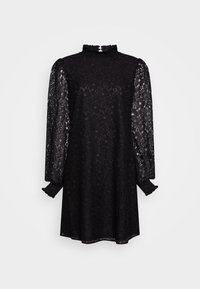 Robe mini à manches longues en dentelle noire avec un col rabattu haut et des poignets ajustés, présentant un motif floral en dentelle sur les manches et le corps.