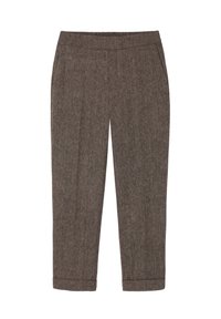 Hnědé pletené kalhoty s volným střihem, rovnými nohavicemi, elastickým pasem a ohrnutými manžetami, vyrobené z texturované tkaniny.
