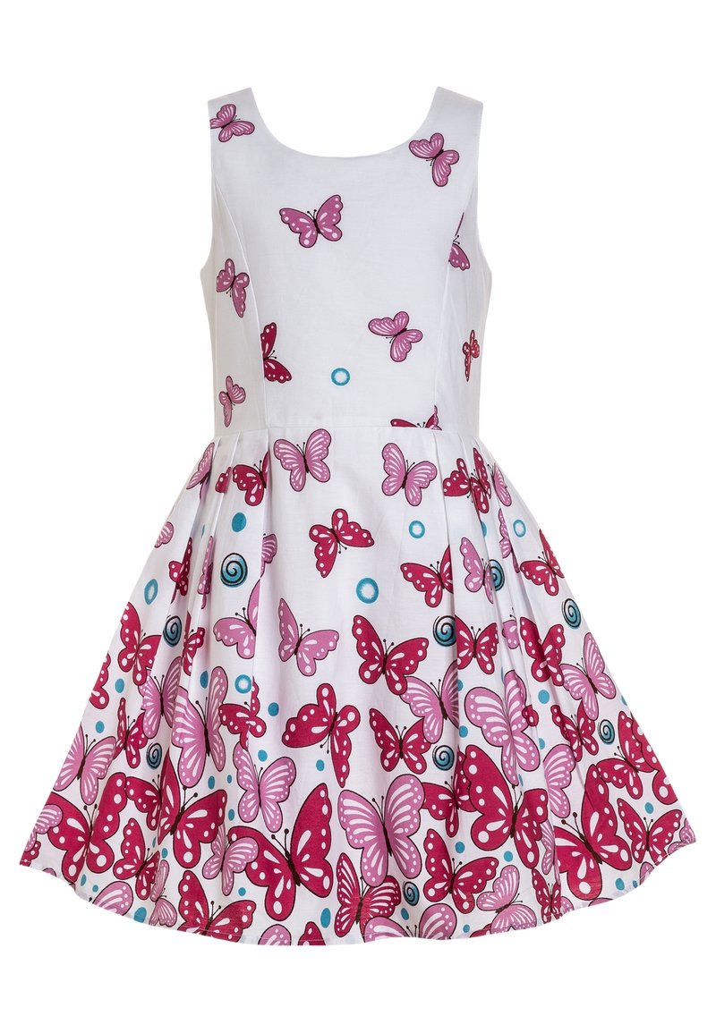 En ärmlös vit klänning med ett mönster av rosa och röda fjärilar med blå accenter och svirlar, och en vid kjoldesign.