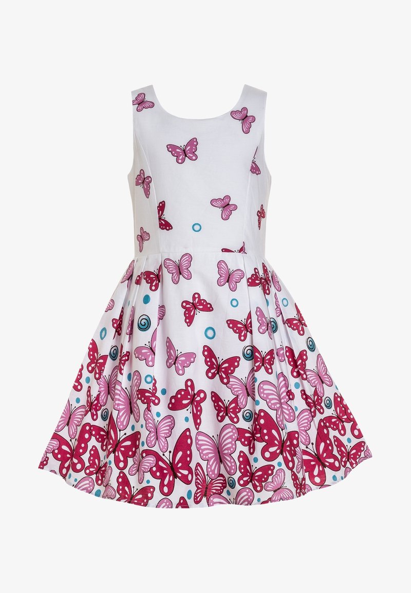 En ärmlös vit klänning med ett mönster av rosa och röda fjärilar med blå accenter och svirlar, och en vid kjoldesign.