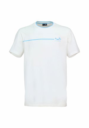 Bela bombažna majica s kratkimi rokavi, s svetlo modro vodoravno črto in majhno grafiko palme na prsih.
