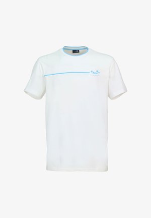 Bílé bavlněné tričko s krátkými rukávy, zdobené světle modrým vodorovným pruhem a malou grafikou palmového stromu na hrudi.