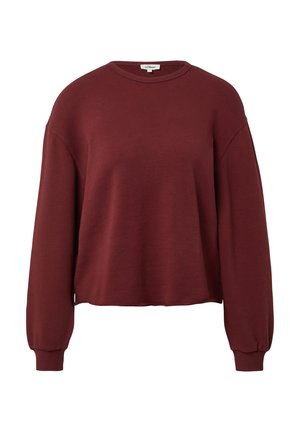 Dunkelroter Sweatshirt mit langen Ärmeln und Rundhalsausschnitt, mit gerippten Bündchen und Saum, auf einem einfachen weißen Hintergrund präsentiert.