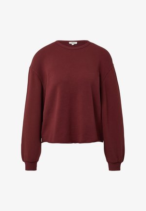 Donkerrode sweatshirt met lange mouwen en ronde hals, voorzien van geribde boorden en onderrand, weergegeven op een eenvoudige witte achtergrond.