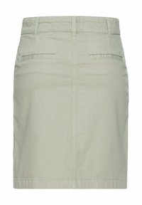 Hellgrünes Jeansrock mit taillierter Passform. Verfügt über einen Bund, Taschen hinten und einen geraden Schnitt. Glatte Textur mit subtilen Nähten.