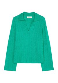 Green knitted sweater with a V-neck and collar, featuring textured cable design and long sleeves. Brand label visible at the neckline.