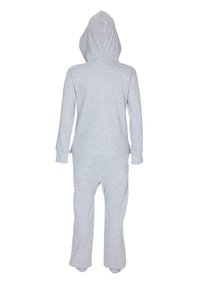 Grijze fleece onesie met een capuchon, lange mouwen en open benen. Glad textuur, eenvoudig ontwerp, twee zijzakken. Zachte stof voor comfort.