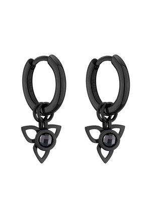 Pair of black steel hoop earrings with faceted black stone and three-petal charm dangling from each hoop.