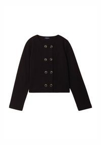 Zwarte cropped jas met lange mouwen, voorzien van een ronde halslijn en zes goudkleurige knopen aan de voorkant. Zachte stoftextuur.