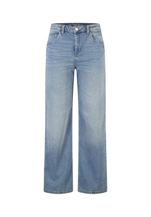 Lichtblauwe wijde jeans met voorzakken, ceintuurlussen, knoopsluiting en subtiel vervagen op de dijen en onderbenen.