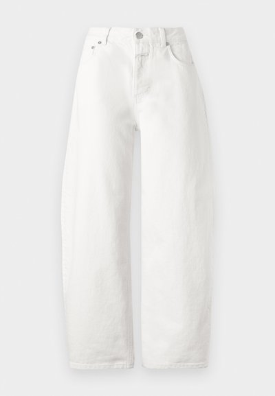 White denim trousers with a wide-leg design, featuring a high waist, standard five-pocket style, and subtle stitching details.