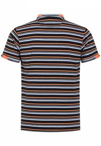 Kortärmad polotröja med horisontella ränder i svart, grått och orange med en enfärgad orange krage. Mjuk textur, standard passform.