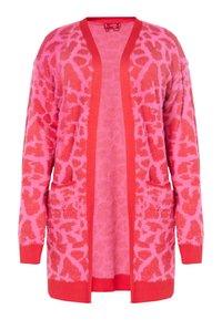 Rosa kardiagan med en texturerad leopardmönster, öppen framtill, långa ärmar och två framfickor med ribbad mudd och nederkant.
