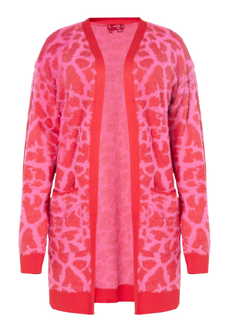 Rosa kardiagan med en texturerad leopardmönster, öppen framtill, långa ärmar och två framfickor med ribbad mudd och nederkant.