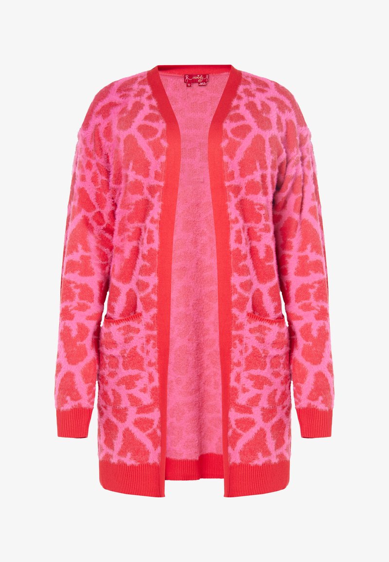Rózsaszín kardigán texturált leopárdmintával, nyitott elülső résszel, hosszú ujjakkal, és két elülső zsebbel, bordázott mandzsettákkal és hemel.
