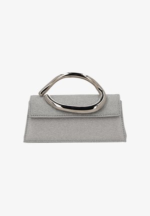 Harmaa kimaltava clutch-laukku taitetulla läpällä, jossa kiillotettu hopeanvärinen kaareva kahva. Kompakti muoto, sileä pinta ja minimalistinen muotoilu.