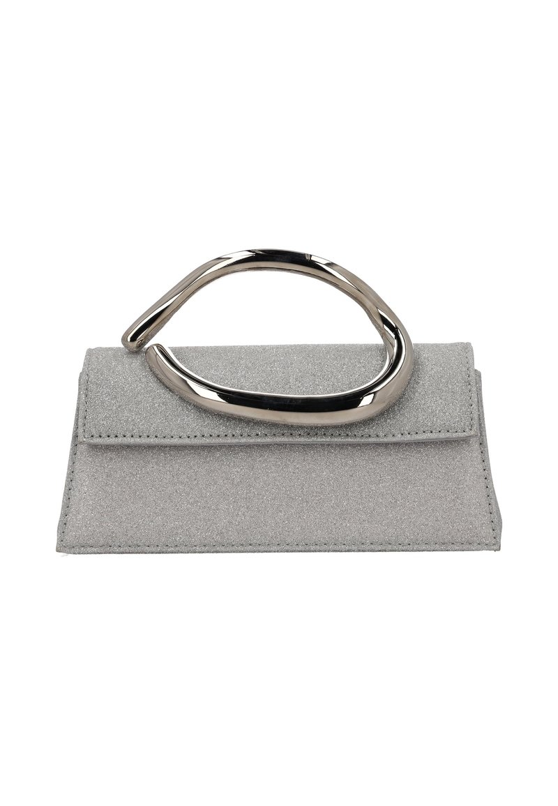 Harmaa kimaltava clutch-laukku taitetulla läpällä, jossa kiillotettu hopeanvärinen kaareva kahva. Kompakti muoto, sileä pinta ja minimalistinen muotoilu.
