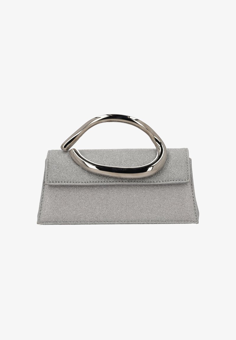 Gray glittery clutch purse with a folded flap, featuring a polished silver curved handle. Compact shape, smooth texture, and minimalistic design.