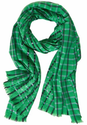Écharpe à carreaux verts avec un motif à damier agrémenté de lignes noires et violettes, finition avec des bords effilochés ; fabriquée en tissu léger.