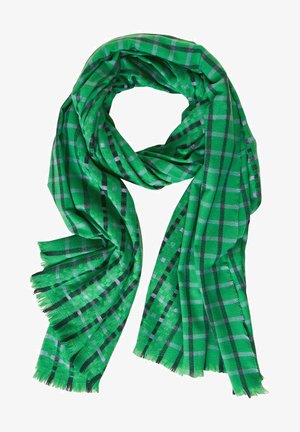 Zielony szalik w kratę z wzorem w kratkę z czarnymi i fioletowymi liniami, wykończony postrzępionymi krawędziami; wykonany z lekkiej tkaniny.