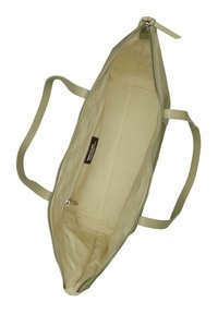 Sac fourre-tout en tissu recyclé vert clair avec deux bretelles, forme rectangulaire, fermeture éclair et intérieur spacieux pour un accès facile.