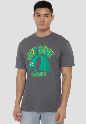 Gray cotton t-shirt featuring a colorful "Get Bent Gumby" graphic, with a cartoon character and textured printing. Classic fit, short sleeves.