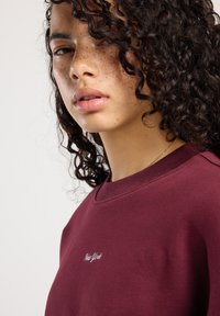 Jongere met krullend donker haar en sproeten, die een maroone sweatshirt draagt met "New York" geborduurd op de borst.