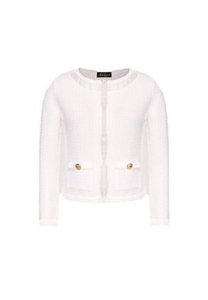 Weißer, strukturierter Cardigan mit langen Ärmeln, rundem Ausschnitt und flauschigem Saum. Verfügt über zwei Taschen mit goldenen Knöpfen und ein kurzes Design.