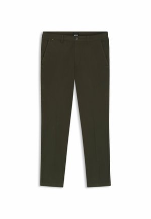 Olive green trousers made of smooth fabric, featuring a regular fit, two front pockets, and a button closure at the waist.