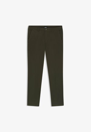 Olive green trousers made of smooth fabric, featuring a regular fit, two front pockets, and a button closure at the waist.