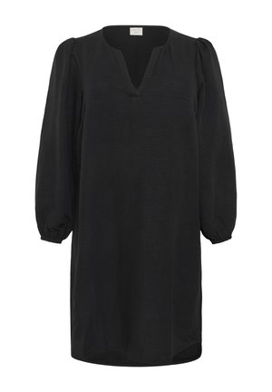 Zwarte jurk met lange mouwen, een V-hals, geplooide pofmouwen en elastische manchetten, ontworpen met een losse pasvorm en een gestructureerde stof.