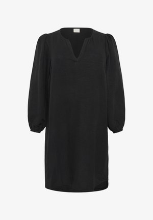 Zwarte jurk met lange mouwen, een V-hals, geplooide pofmouwen en elastische manchetten, ontworpen met een losse pasvorm en een gestructureerde stof.