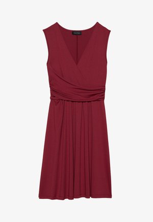 Burgundy sleeveless dress with a wrap design, gathered waist, and soft, draping fabric that flows to a knee-length hem.
