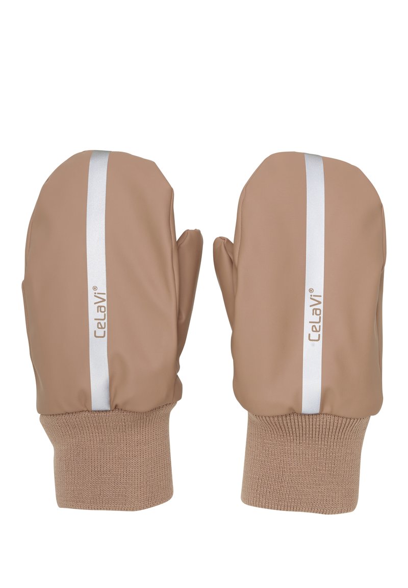 Vattentäta beiga vantar med stickad manschett. Har en silverrand och varumärke på sidan, slät textur och rund form.