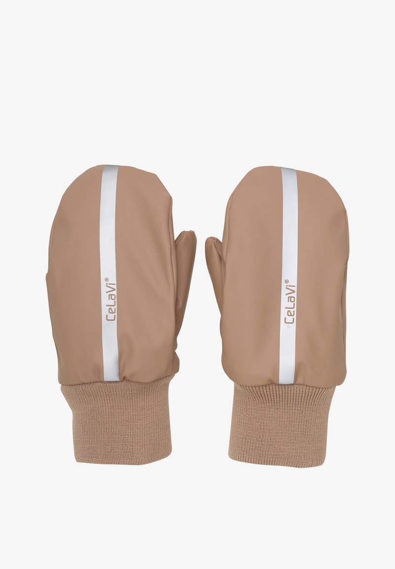 Vattentäta beiga vantar med stickad manschett. Har en silverrand och varumärke på sidan, slät textur och rund form.