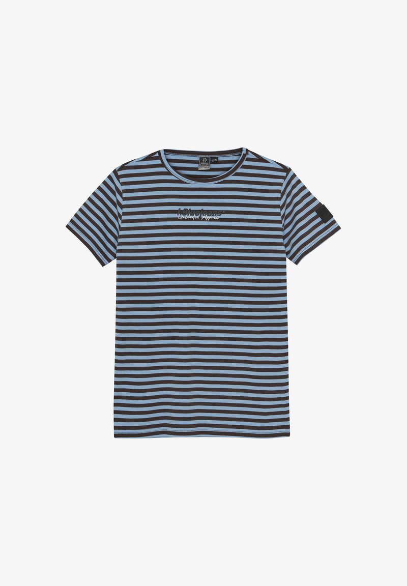 Koszulka w paski w kolorze niebieskim i czarnym. Krótkie rękawy, okrągły dekolt, z małym haftowanym logo z przodu i teksturowanym czarnym haftem na ramieniu.