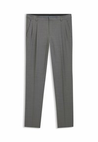 Slim fit grijze pantalon met voren, steekzakken, riemlussen en een platte tailleband, plat gelegd op een witte achtergrond.