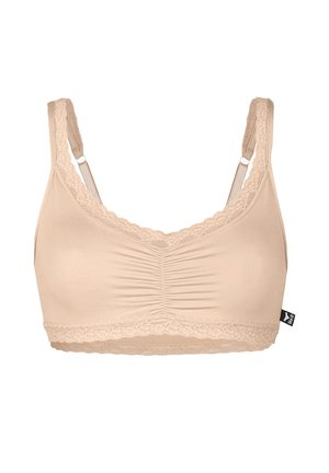 Beiger drahtloser BH mit Spitzenbesatz, gerafftem Mittelfrontbereich und verstellbaren Trägern, entwickelt für Komfort und leichte Unterstützung.