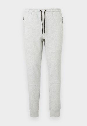 Gray jogger pants made of cotton blend fabric, featuring an elastic waistband with black drawstrings and two side pockets.
