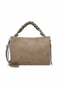 Sac à main en cuir suédé beige avec une anse tressée, une bandoulière amovible et une texture lisse. Présente un logo subtil sur le devant.