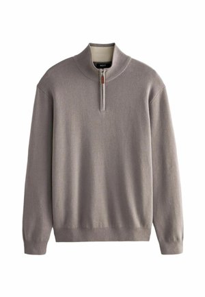 Light gray pullover sweater with a half-zip collar and ribbed cuffs. Soft texture and casual design, featuring a small leather accent near the zipper.